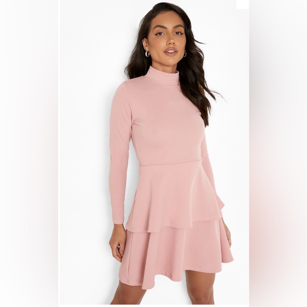 CREPE LONG SLEEVE TIERED SKATER DRESS